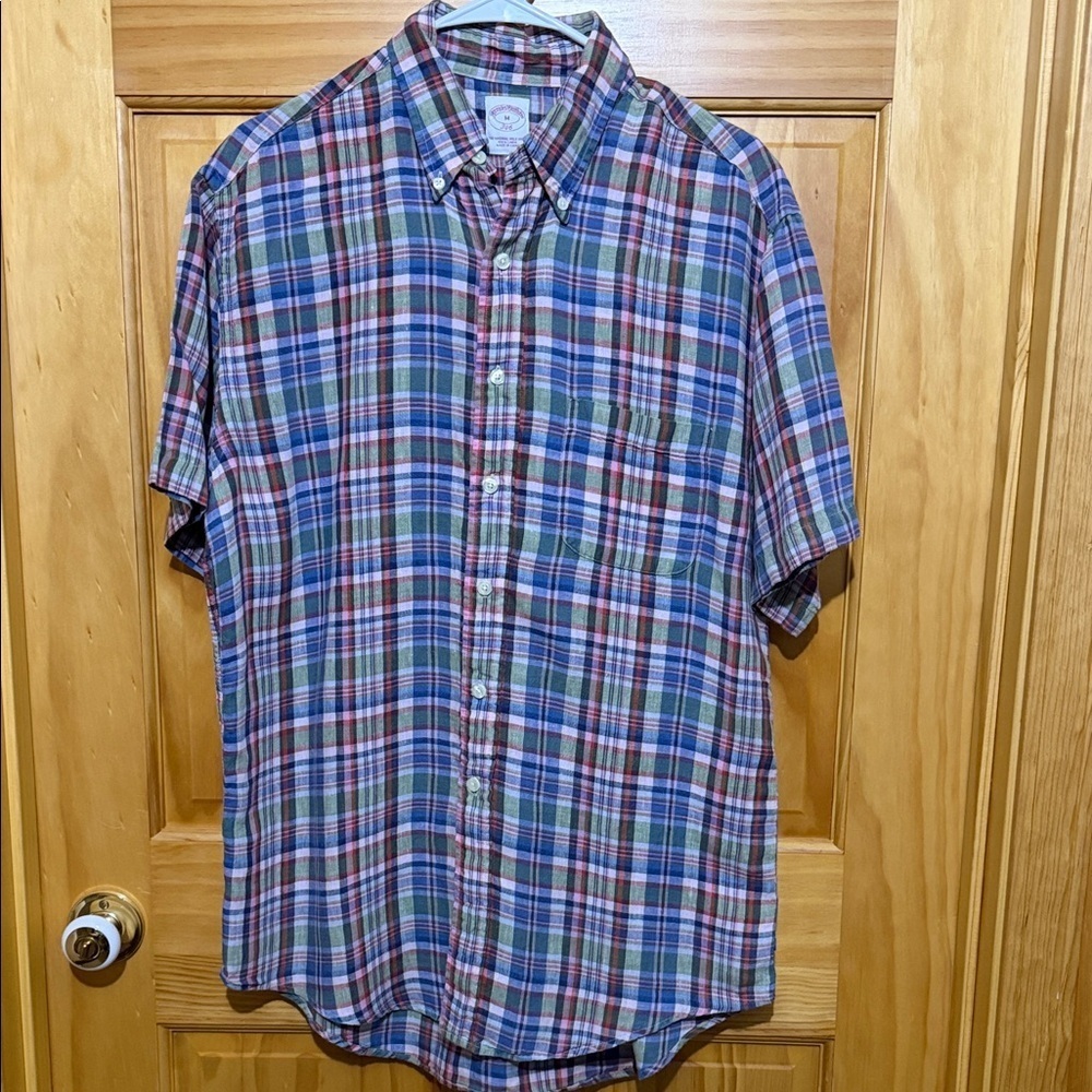 Brooks Brothers 100% Linen Blue & Red Plaid Button Down Shirt Sleeve Shirt, Med